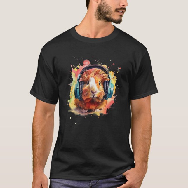 Watercolor Headphones Funny Guinea Pig T-Shirt (Front)