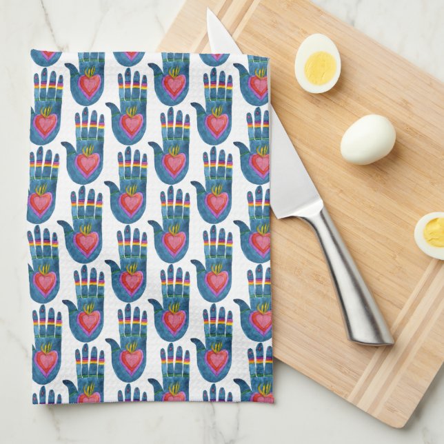 Watercolor Healing Hand Heart Rainbow Pattern  Kitchen Towel (Quarter Fold)