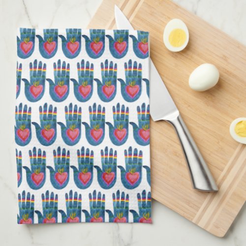 Watercolor Healing Hand Heart Rainbow Pattern Kitchen Towel