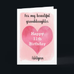 Watercolor Heart 11th Birthday Granddaughter Card<br><div class="desc">A personalized watercolor 11th birthday card for granddaughter that features a heart against a pink watercolor, which you can personalize underneath with her name. The inside card message reads a heartfelt birthday message, which can be personalized if wanted. The back features the same watercolor heart against the pink paint stroke...</div>