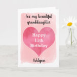 Watercolor Heart 11th Birthday Granddaughter Card<br><div class="desc">A personalized watercolor 11th birthday card for granddaughter that features a heart against a pink watercolor, which you can personalize underneath with her name. The inside card message reads a heartfelt birthday message, which can be personalized if wanted. The back features the same watercolor heart against the pink paint stroke...</div>