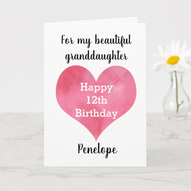 Watercolor Heart 12th Birthday Granddaughter Card (Small Plant)