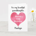 Watercolor Heart 12th Birthday Granddaughter Card<br><div class="desc">A heart 12th birthday granddaughter card that features a pink watercolor heart on the front of the card. You can easily personalize underneath the heart with her name. Inside this 12th birthday card reads a heartfelt message, which you can easily personalize if wanted. The back has a happy birthday message,...</div>