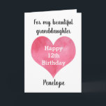 Watercolor Heart 12th Birthday Granddaughter Card<br><div class="desc">A heart 12th birthday granddaughter card that features a pink watercolor heart on the front of the card. You can easily personalize underneath the heart with her name. Inside this 12th birthday card reads a heartfelt message, which you can easily personalize if wanted. The back has a happy birthday message,...</div>