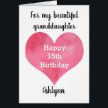 Watercolor Heart 15th Birthday Granddaughter<br><div class="desc">A personalized 15th birthday granddaughter card that features a watercolor pink heart,  which you can personalize  underneath with her name. The inside of this 15th birthday card reads a sweet sentiment for her,  which can also be personalized if wanted. This would make a unique birthday keepsake for her.</div>