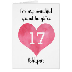 Watercolor Heart 17th Birthday Granddaughter Cards
