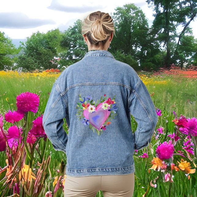 Watercolor Heart and Flowers  Denim Jacket (Creator Uploaded)