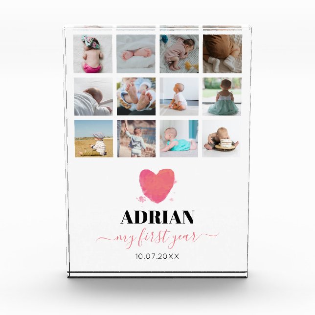 Watercolor Heart Baby's First Year Photo Collage (Front)