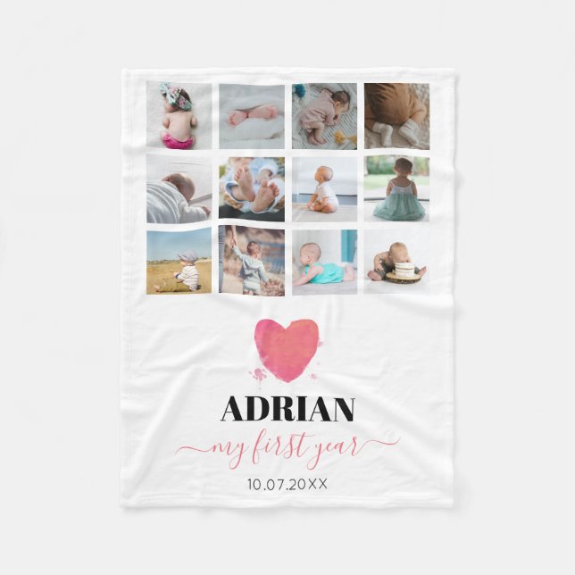 Watercolor Heart Baby's First Year Photo Collage Fleece Blanket (Front)