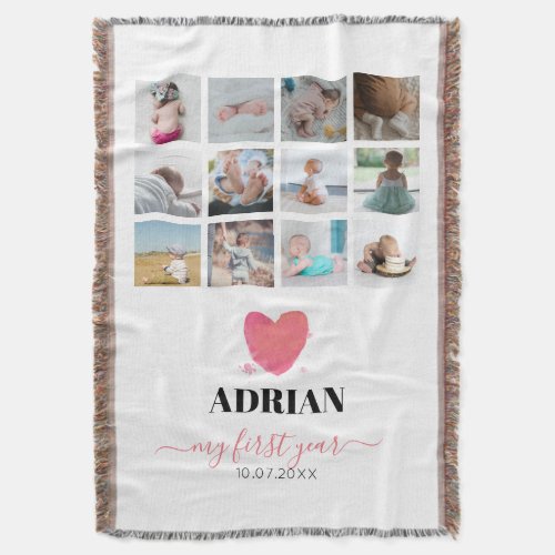 Watercolor Heart Babys First Year Photo Collage Throw Blanket