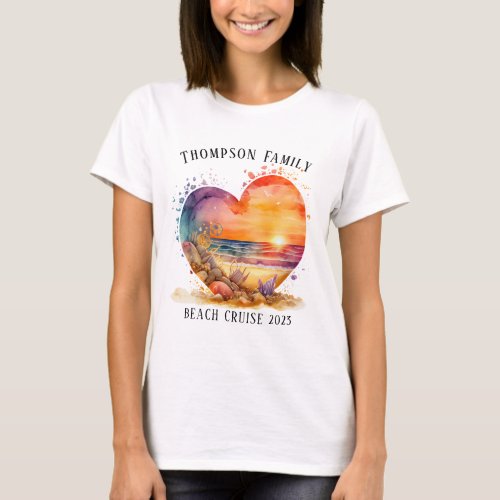 Watercolor Heart Beach Family Cruise Vacation T_Shirt
