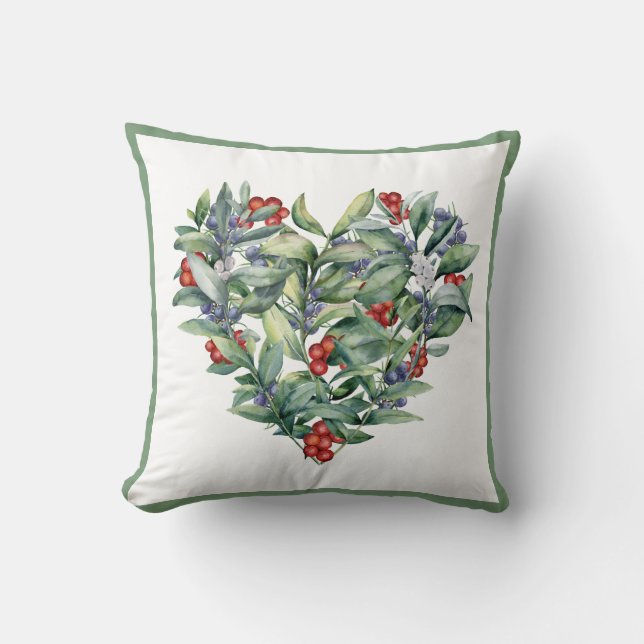 Watercolor Heart Berries Greenery Throw Pillow (Front)