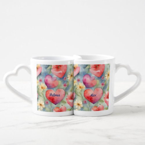 watercolor heart coffee mug set