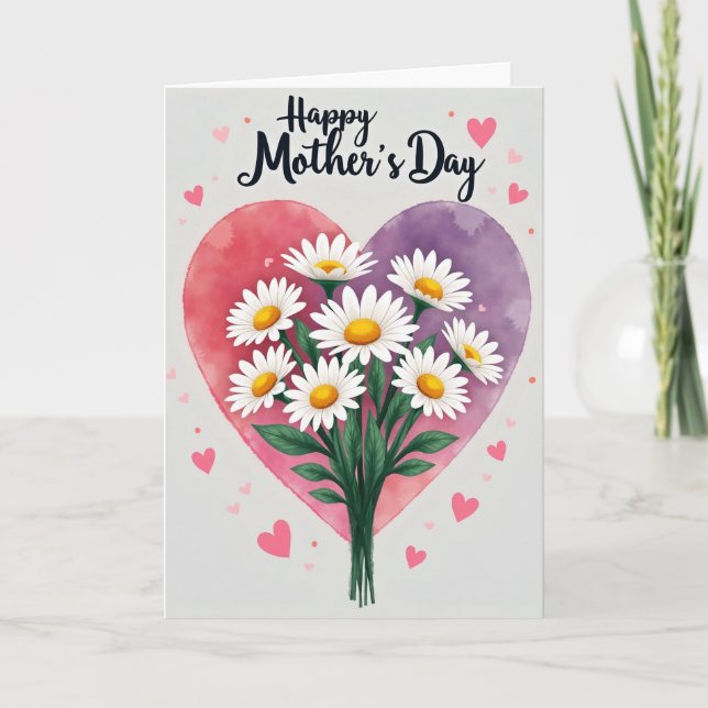 Watercolor Heart Daisies Card (Front)