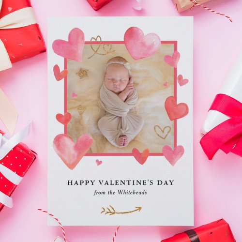 Watercolor Heart Frame Photo Valentines Holiday Card