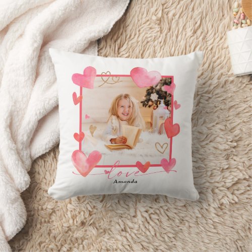 Watercolor Heart Frame Photo Valentines Throw Pillow