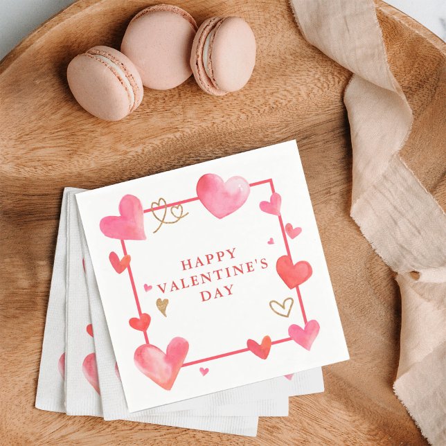 Watercolor Heart Frame Valentine's Napkins (Celebrate Valentine's day with these beautiful napkins with watercolor pink hearts.)