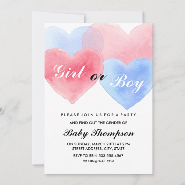 Watercolor Heart Gender Reveal Invitations (Front)