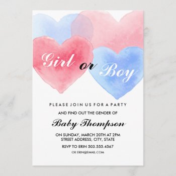 Watercolor Heart Gender Reveal Invitations by PaperLoveDesigns at Zazzle