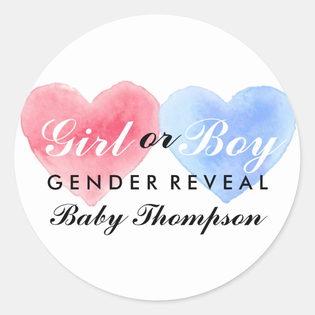 Watercolor Heart Gender Reveal Party Sticker (Front)