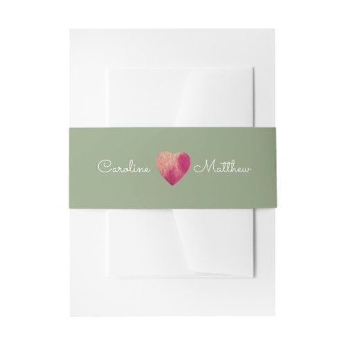 Watercolor Heart Green Wedding  Invitation Belly Band