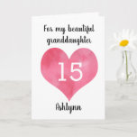 Watercolor Heart Happy 15th Birthday Granddaughter Card<br><div class="desc">A pink heart granddaughter 15th birthday card that features a watercolor heart on the front. You can personalize the heart with the age you need and add her name underneath the heart. The inside card message reads a heartfelt birthday message, which also be easily personalized if wanted. The back reads...</div>