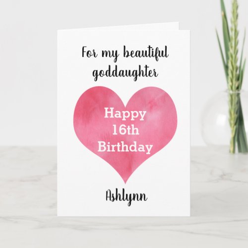 Watercolor Heart Happy 16th Birthday Goddaughter Card