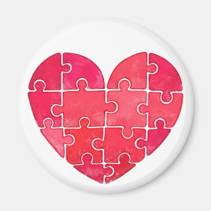 Watercolor heart made from red jigsaw pieces magnet