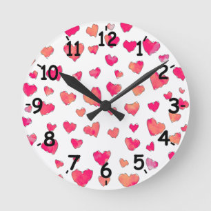 Watercolor Heart Pattern Art Round Clock