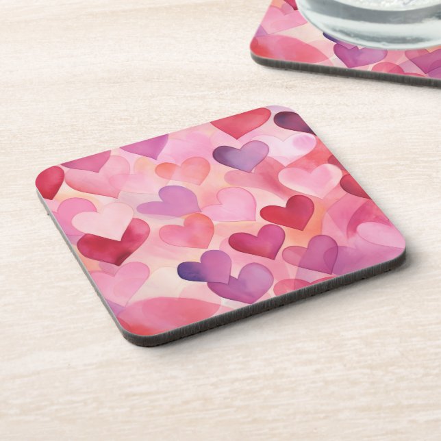 Watercolor Heart Pattern Modern Contemporary Pink Beverage Coaster (Left Side)