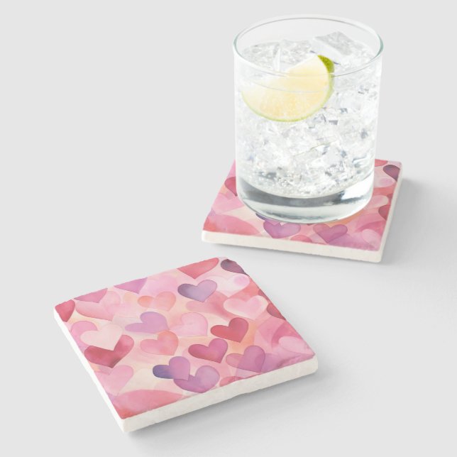 Watercolor Heart Pattern Modern Contemporary Pink Stone Coaster (Side)