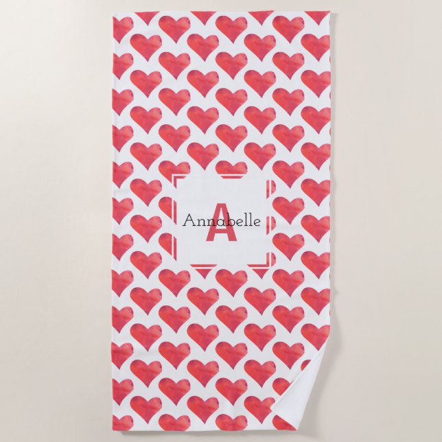 Watercolor Heart Pattern Personalized Monogram Red Beach Towel (Front)