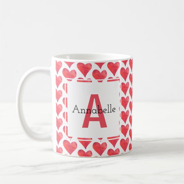Watercolor Heart Pattern Personalized Monogram Red Coffee Mug (Left)