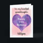 Watercolor Heart Pink and Purple 14th Birthday Card<br><div class="desc">A pink and purple watercolor 14th birthday card for granddaughter that features a watercolor heart against a pretty pink watercolor, which you can personalize underneath the heart with her name. The inside of this pretty birthday card reads a birthday sentiment, which can be easily personalized. The back features the same...</div>