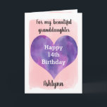 Watercolor Heart Pink and Purple 14th Birthday Card<br><div class="desc">A pink and purple watercolor 14th birthday card for granddaughter that features a watercolor heart against a pretty pink watercolor, which you can personalize underneath the heart with her name. The inside of this pretty birthday card reads a birthday sentiment, which can be easily personalized. The back features the same...</div>