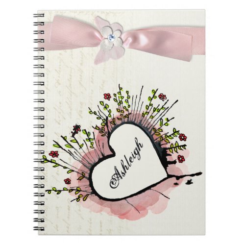 Watercolor heart pink ribbon personalized notebook