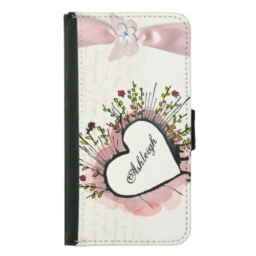 Watercolor heart pink ribbon personalized samsung galaxy s5 wallet case