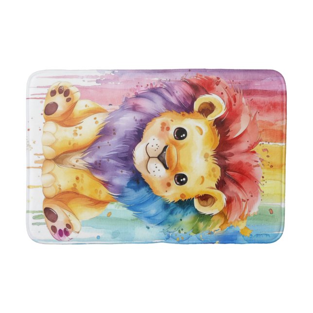 Watercolor Heart Shape Colorful Lion  Bath Mat (Front)