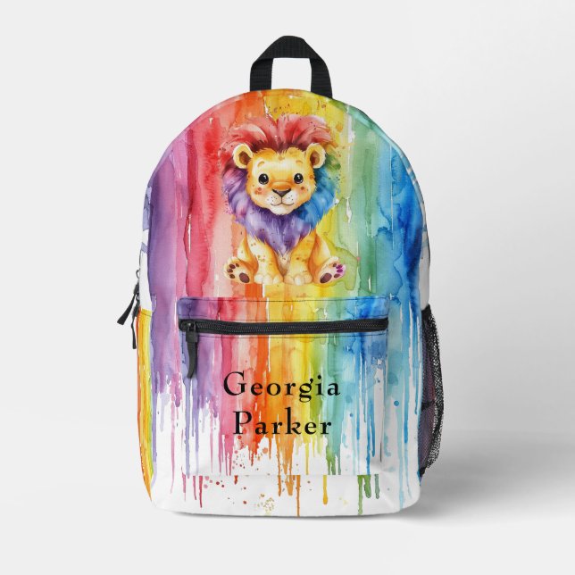 Watercolor Heart Shape Colorful Lion Kids Printed Backpack (Front)