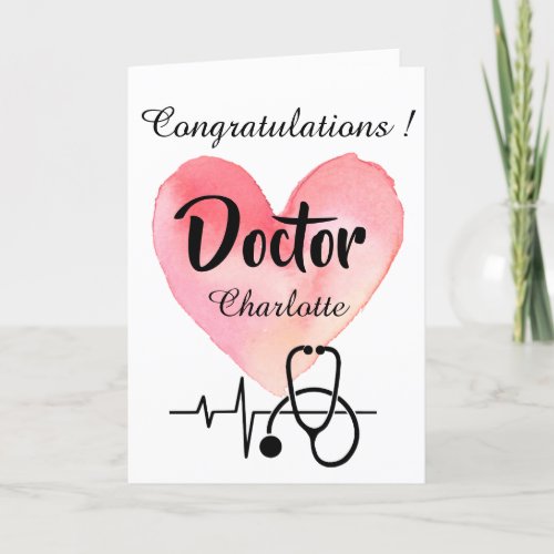  Watercolor Heart  Stethoscope Doctor Graduation Card