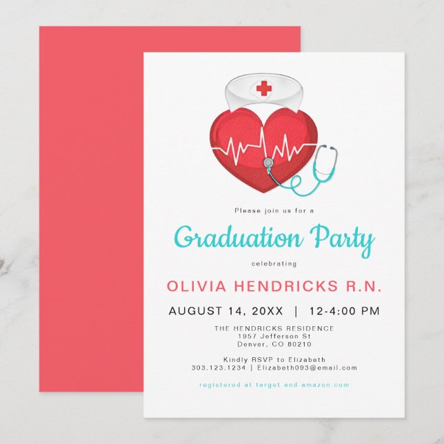 Watercolor Heart Stethoscope Nurse Graduation Invitation (Front/Back)