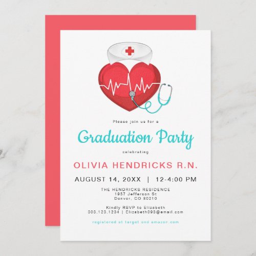 Watercolor Heart Stethoscope Nurse Graduation Invitation