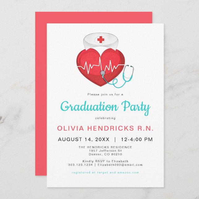 Watercolor Heart Stethoscope Nurse Graduation Invitation (Front/Back)