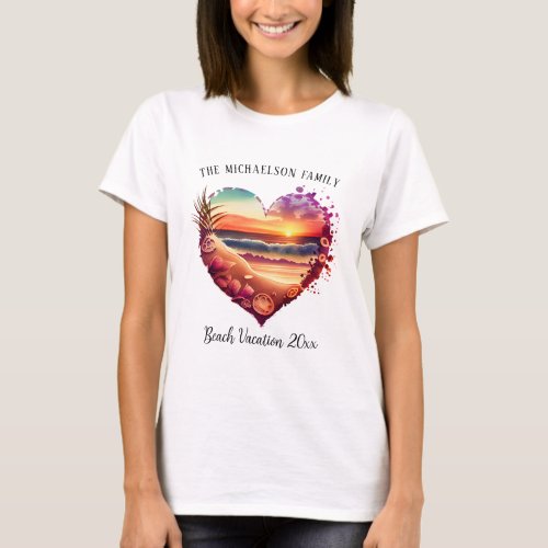 Watercolor Heart Tropical Beach Family Vacation T_Shirt