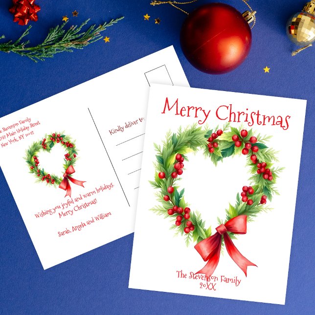 Watercolor Heart Wreath Christmas Greeting Holiday Postcard (Creator Uploaded)
