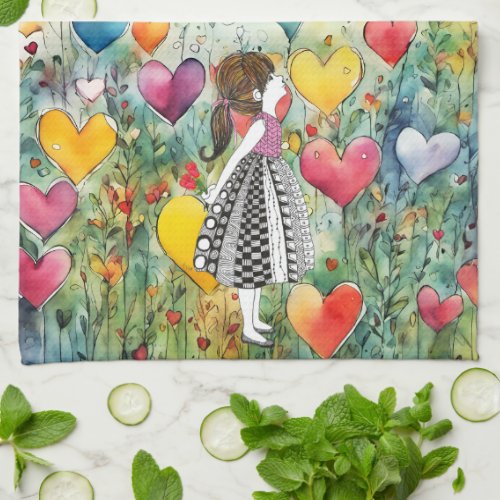 Watercolor Hearts and a Little Girl 12 Fold Kitchen Towel