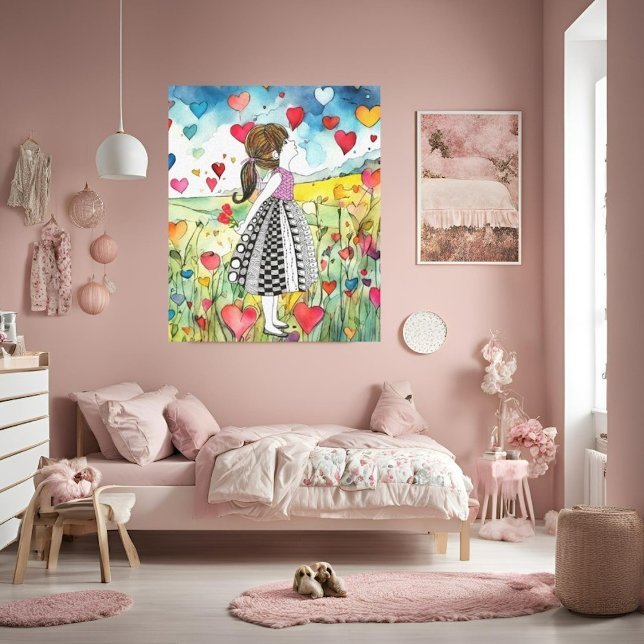 Watercolor Hearts and a Little Girl Canvas Print (Creator Uploaded)
