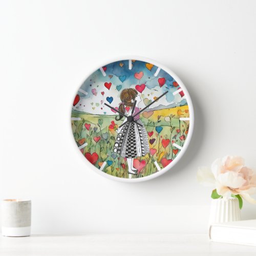 Watercolor Hearts and a Little Girl Clock