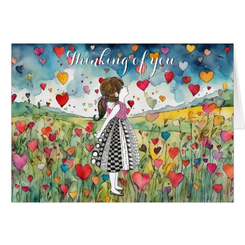 Watercolor Hearts and a Little Girl Greeting Card