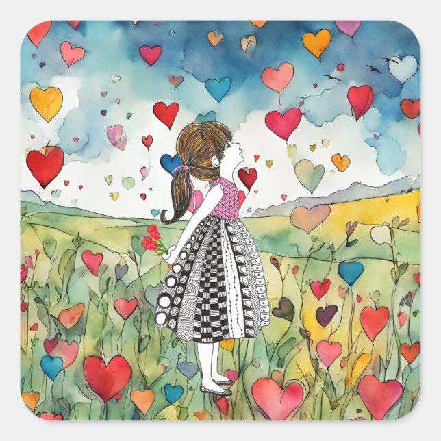 Watercolor Hearts and a Little Girl Square Sticker (Front)